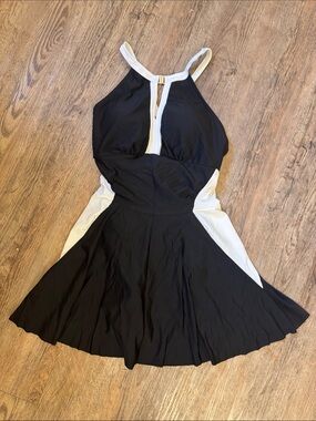 Black & White Halter Swim Mini with Flared Skirt